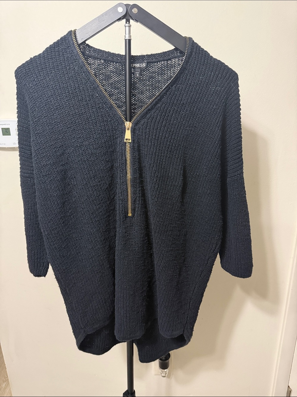 Express Navy V-Neck Half-Zip Knit Sweater with Gold Zip—SEE PHOTOS for wear!!